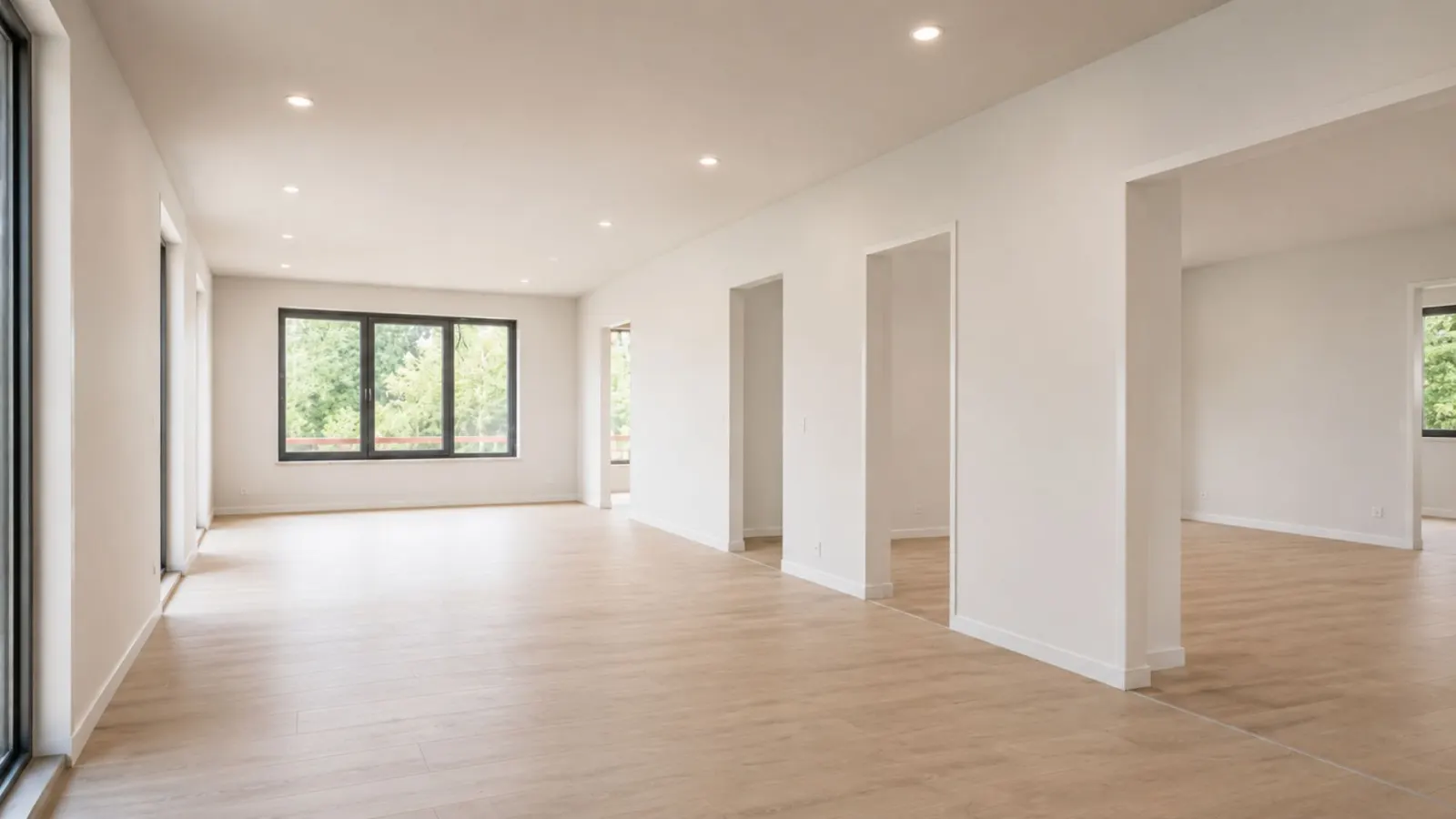 Fertiger heller Raum nach dem Trockenbau mit glatten Wänden, abgehängter Decke und Boden