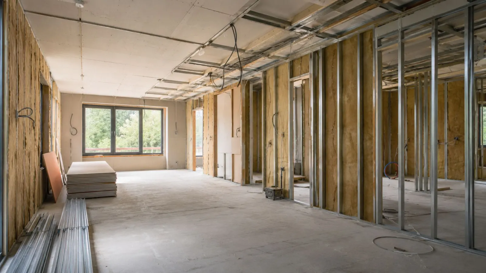 Rohbau vor dem Trockenbau mit Metallständerwerk und offener Deckenkonstruktion